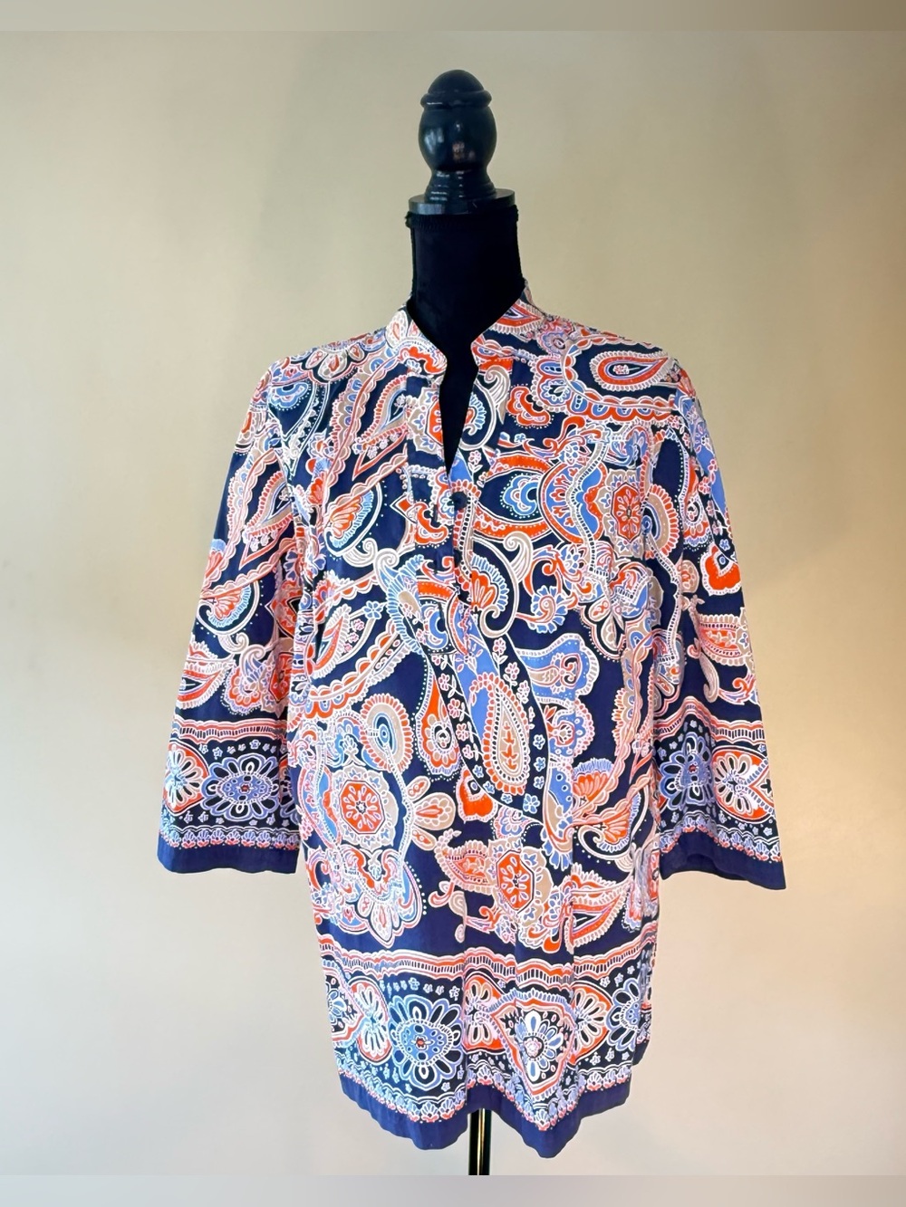 Jones New York Paisley Tunic V Neck Blouse Stretch EUC 1X Plus Size